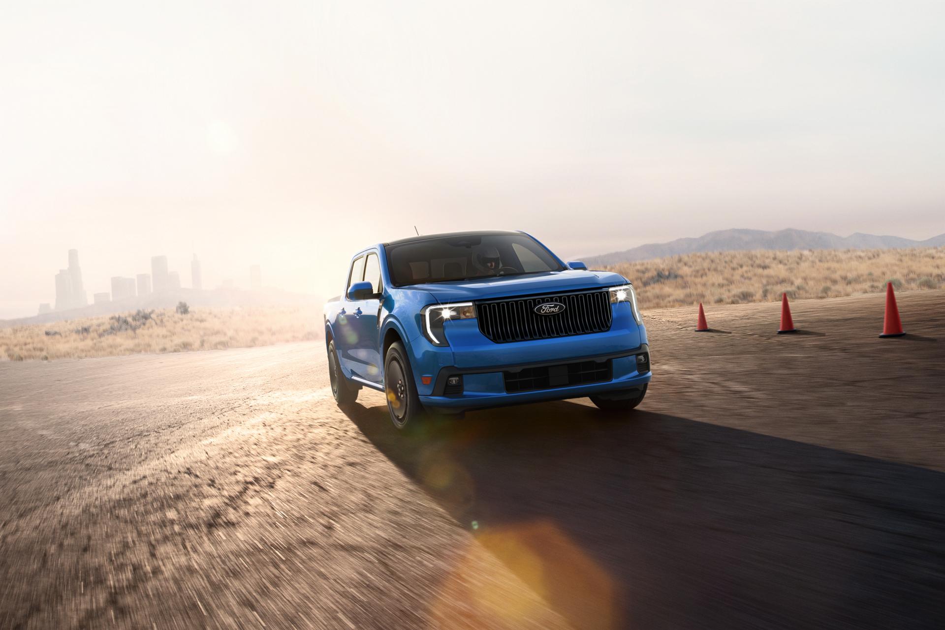 2026 Ford Maverick Lobo compact performance truck driving on a closed course