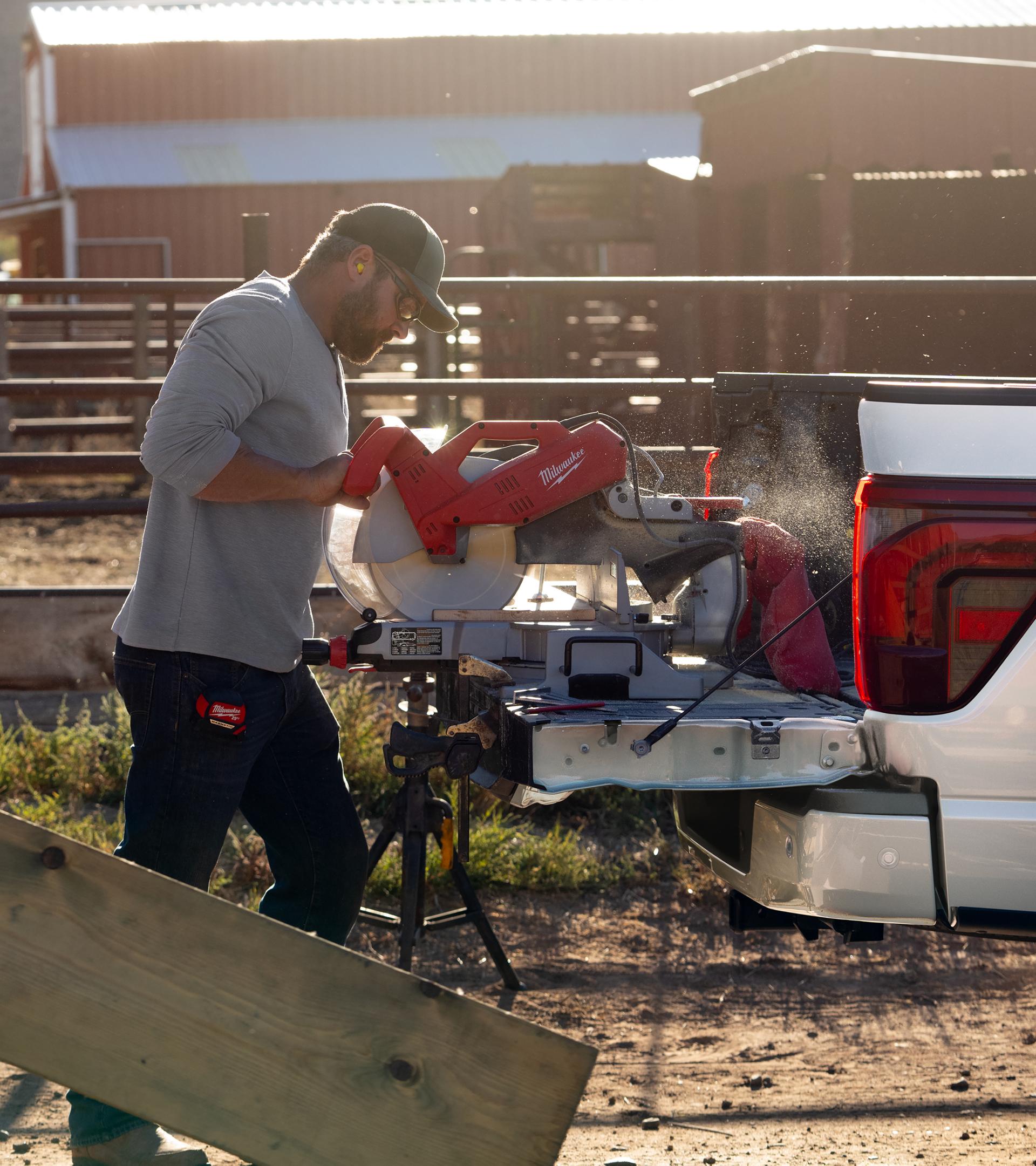 Ford F-150 Pro Power Onboard powering a saw from the truck bed