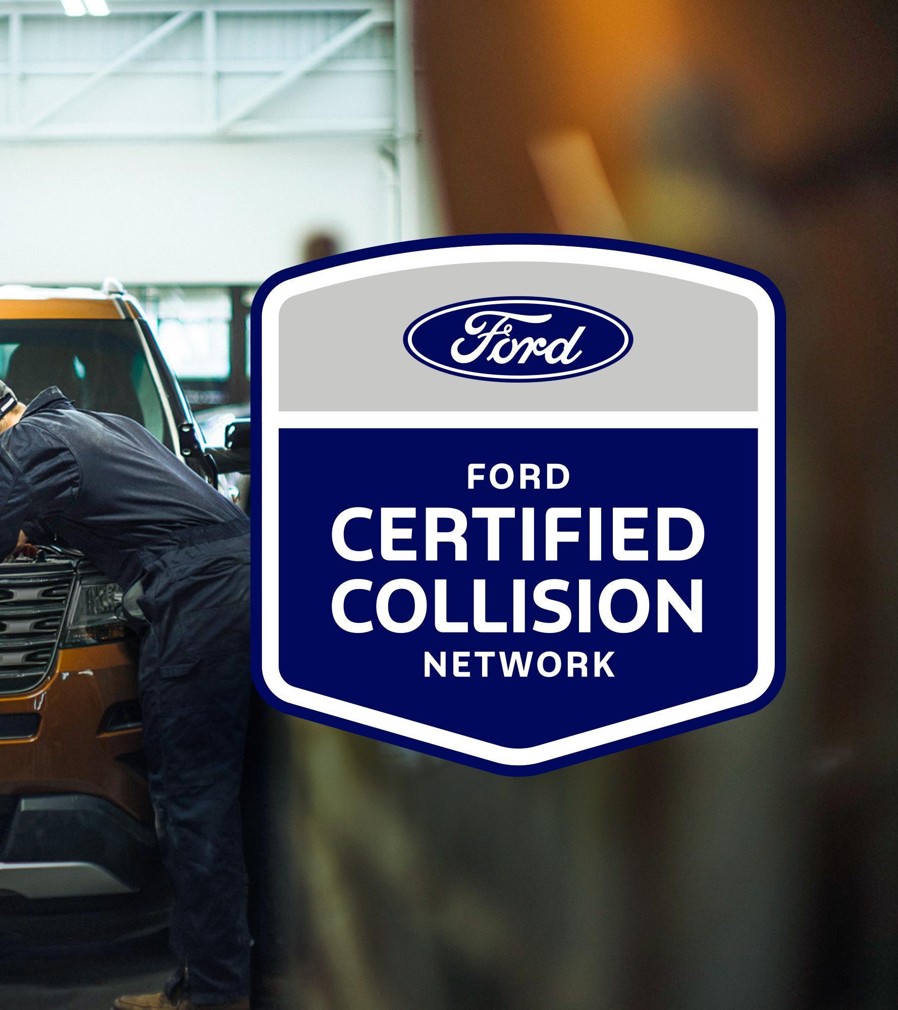 Ford Certified Centers logo over Ford technicians working on vehicles in a Certified Collision Center