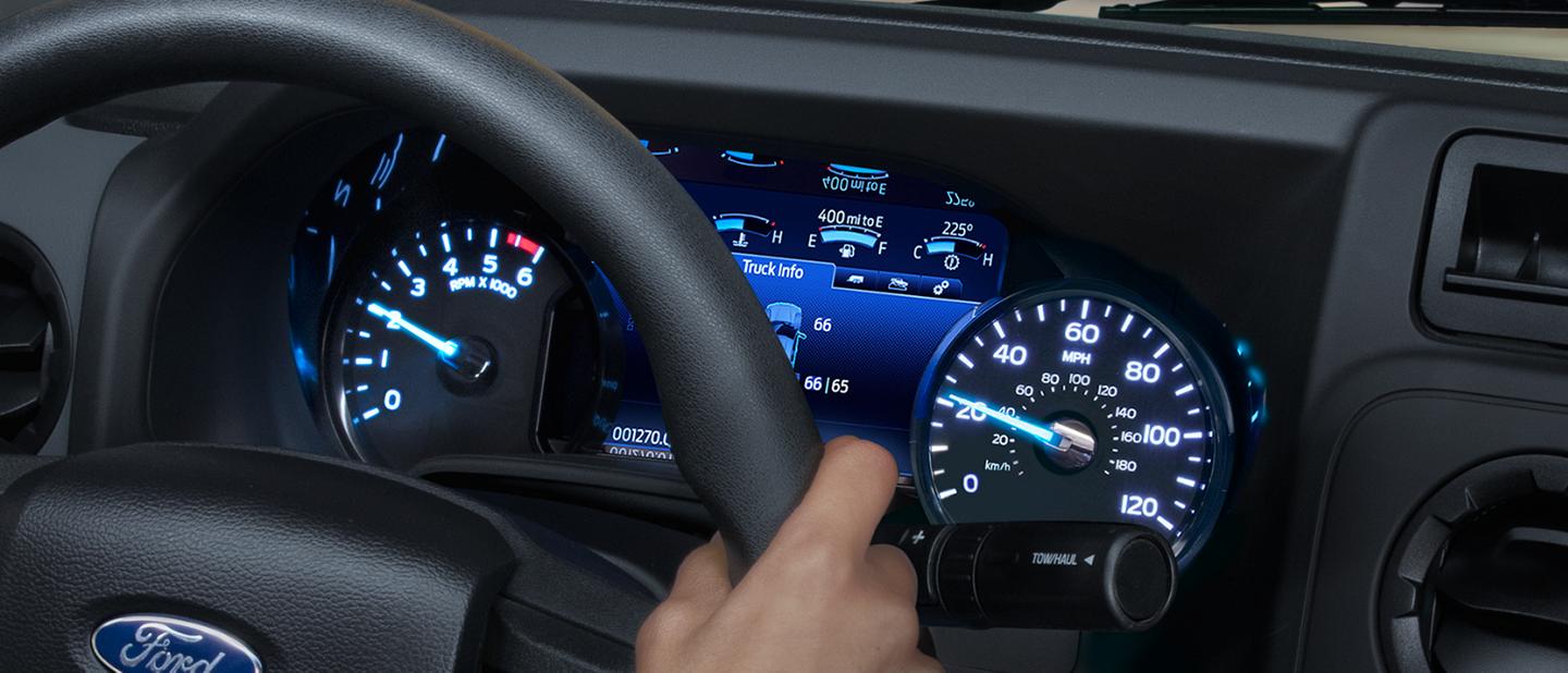 Close-up of the 2026 Ford E-Series Cutaway Instrument Cluster
