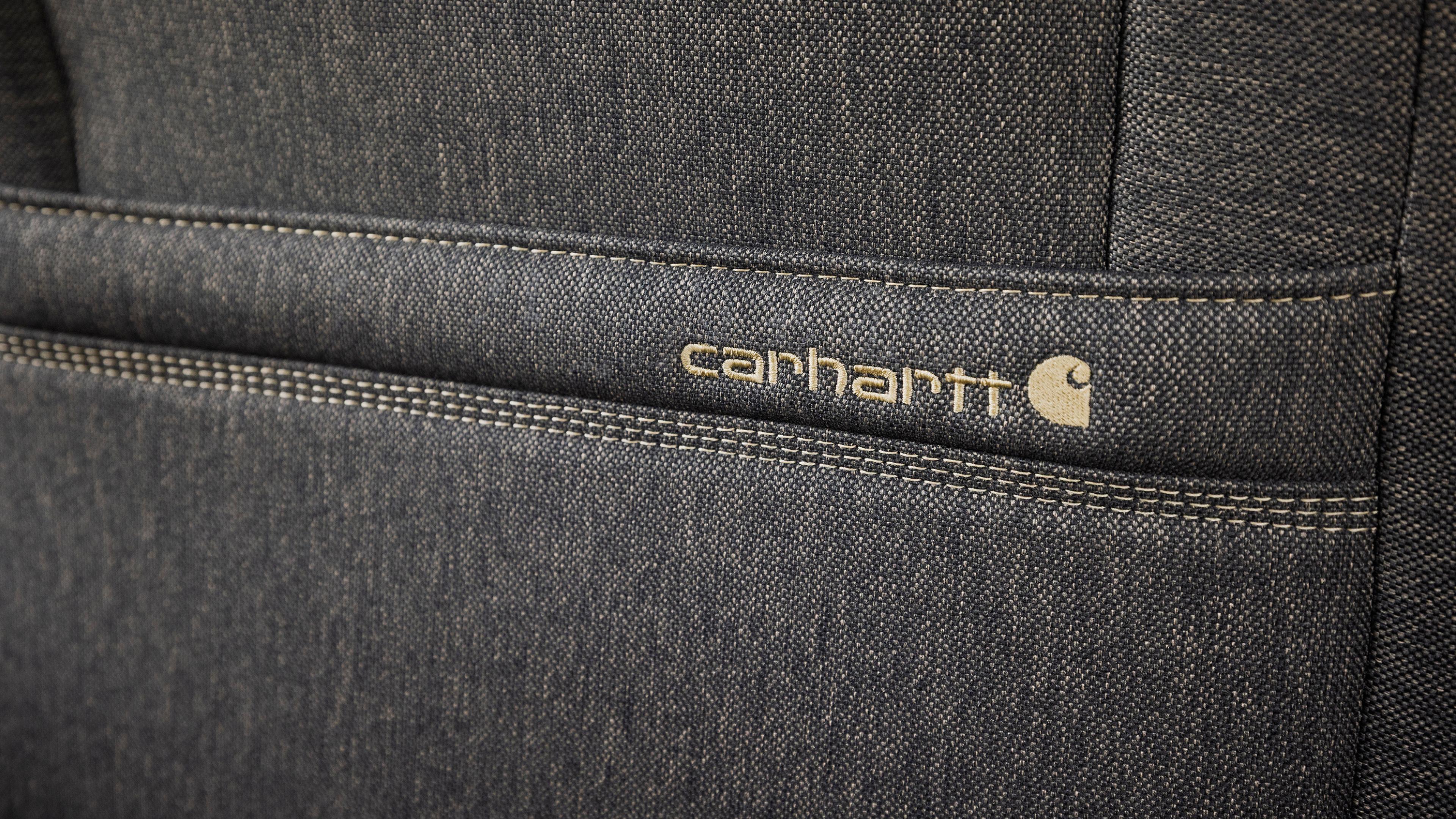 Close-up of the Carhartt® logo on the seat of a 2027 Ford F-150® XLT model with the Carhartt Package