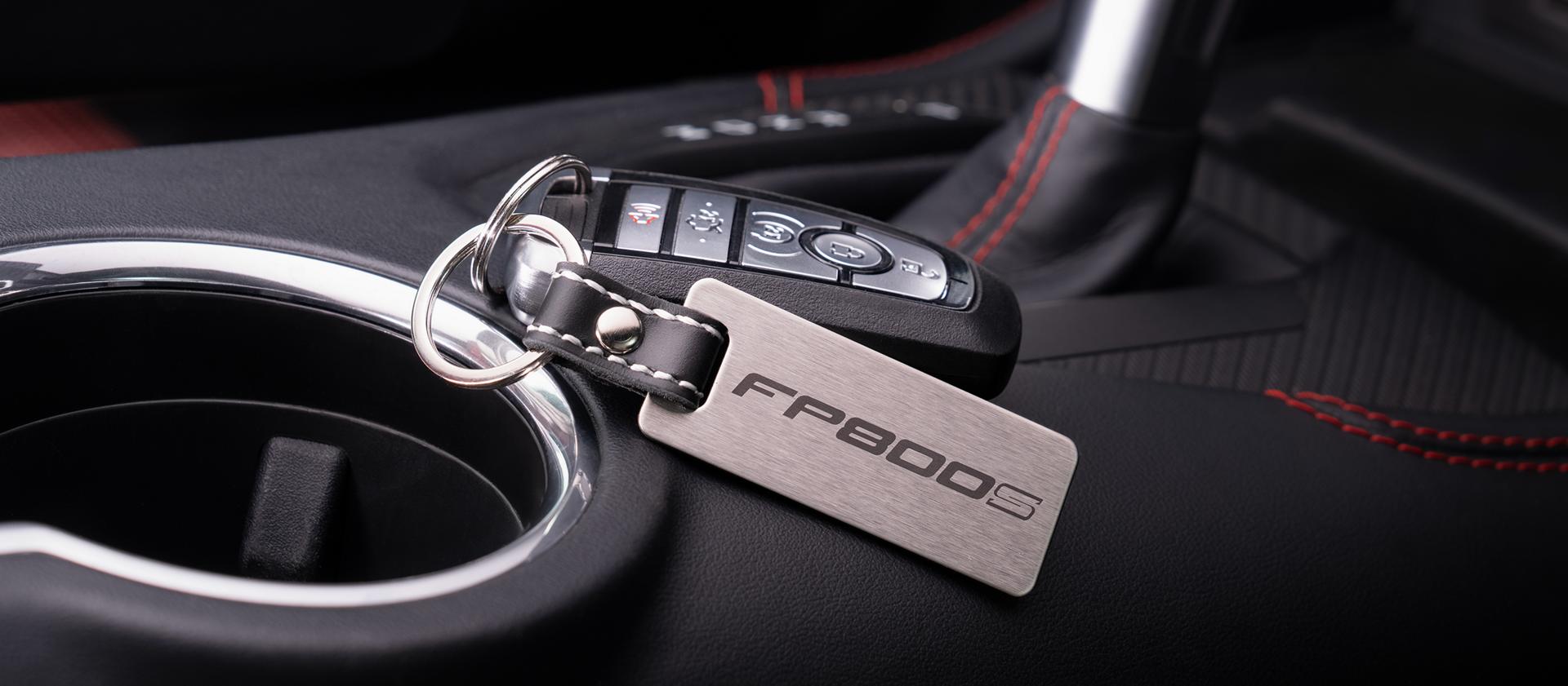 Interior center console showing the shifter and FP800S interior badge