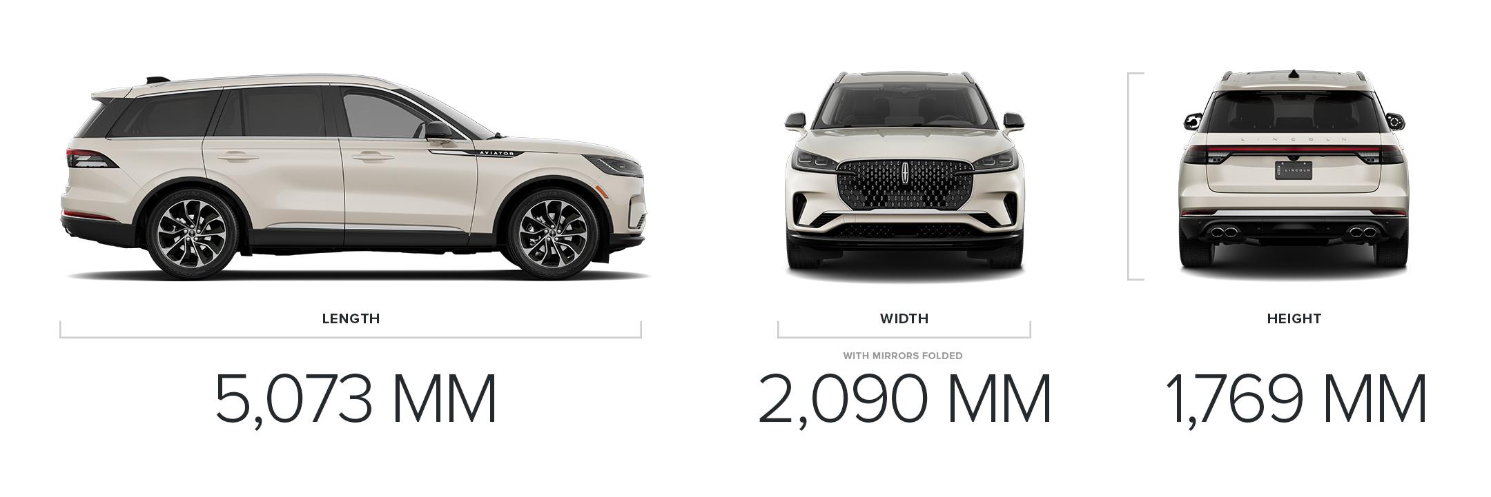 A collage of images shows the 199.3-inch length, 89.9-inch width, and 69.6-inch height of the 2025 Lincoln Aviator® Reserve model
