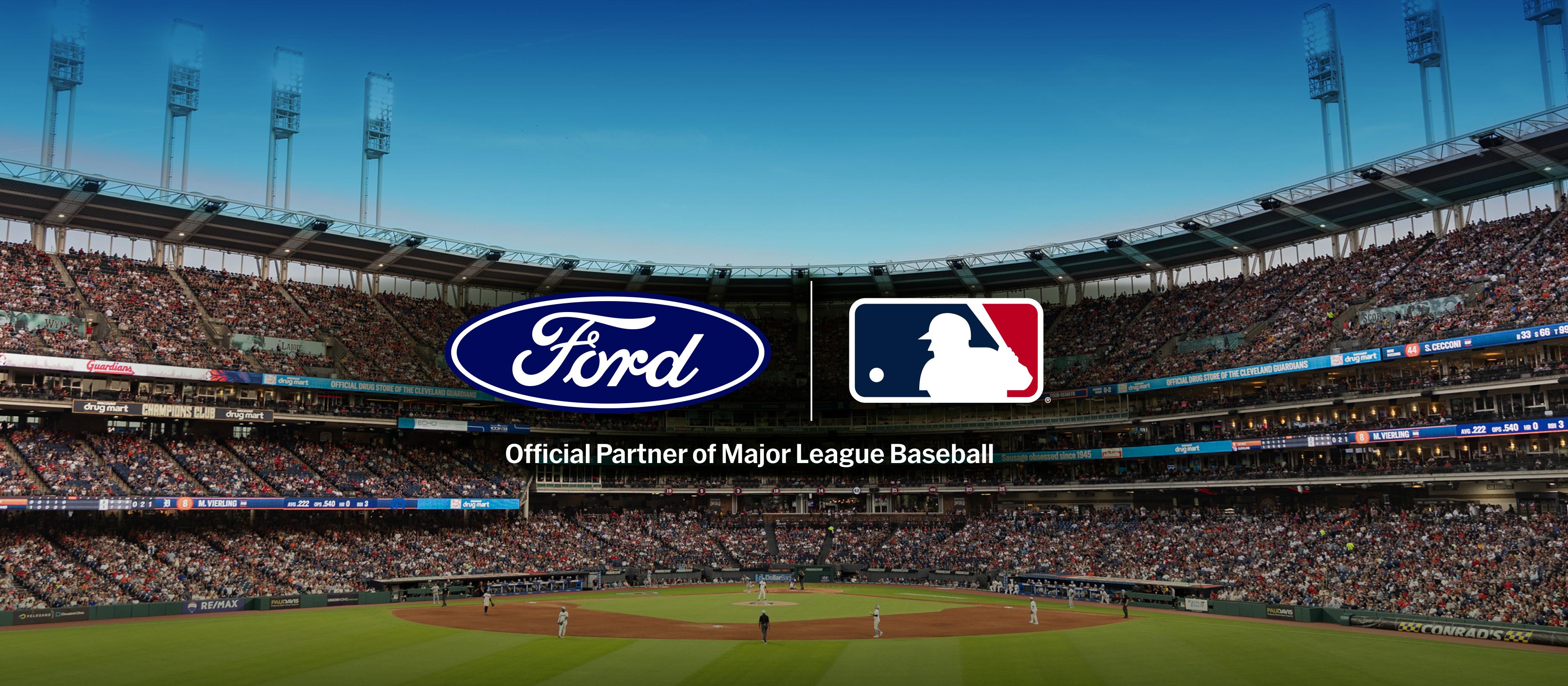 Ford and MLB partnership announcement overlayed on a baseball stadium
