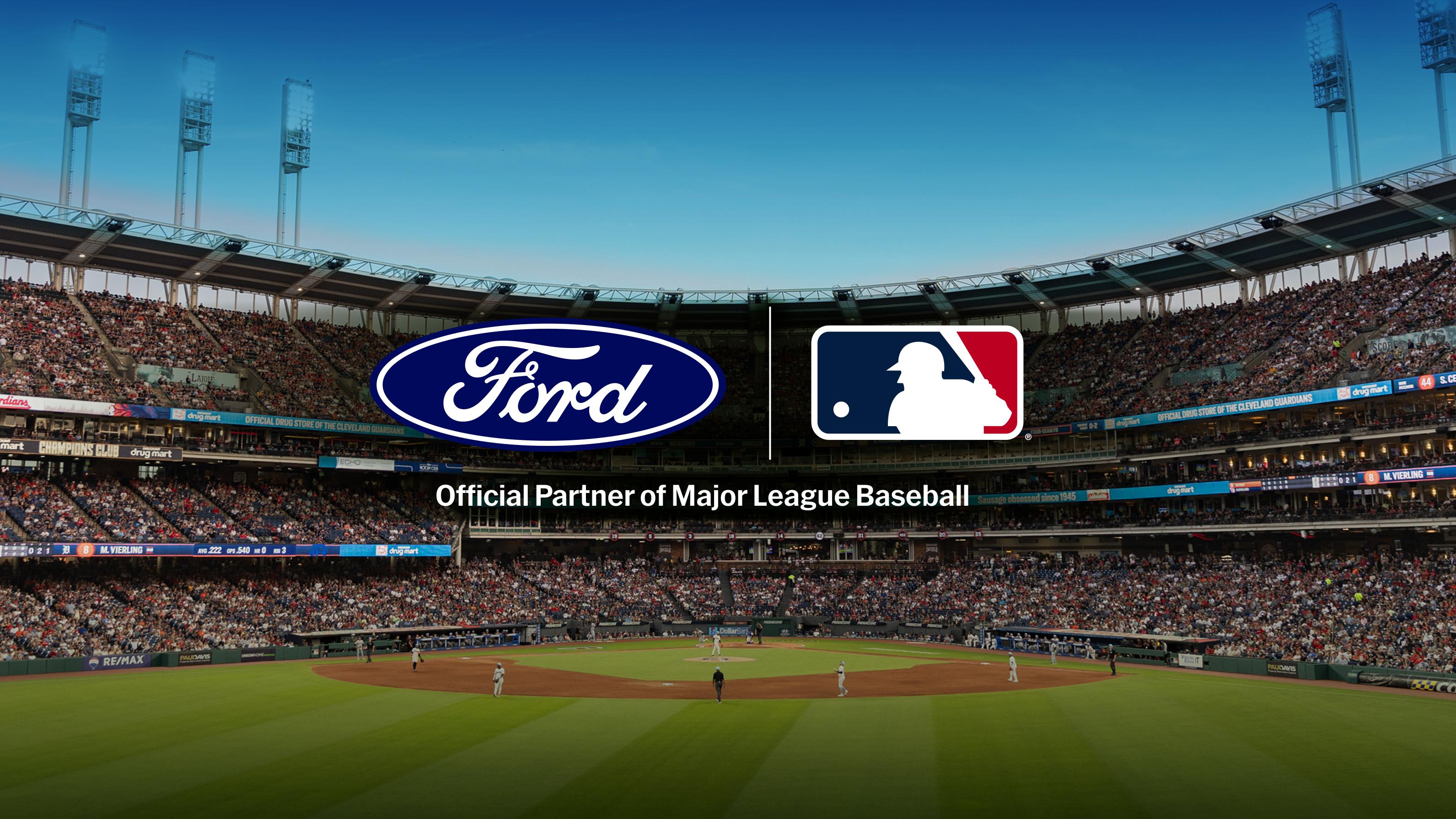 Ford and MLB partnership announcement overlayed on a baseball stadium