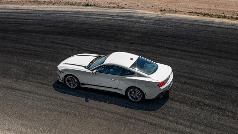 2025 Ford Mustang® coupe being driven on a track in the desert