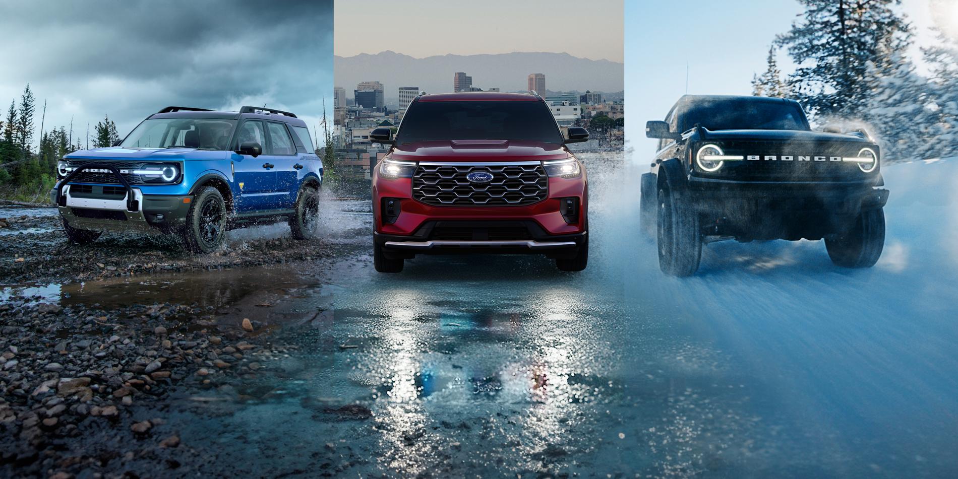 A Ford Bronco Sport, Explorer, and Bronco are shown driving through various road conditions, including mud, rain, and snow.