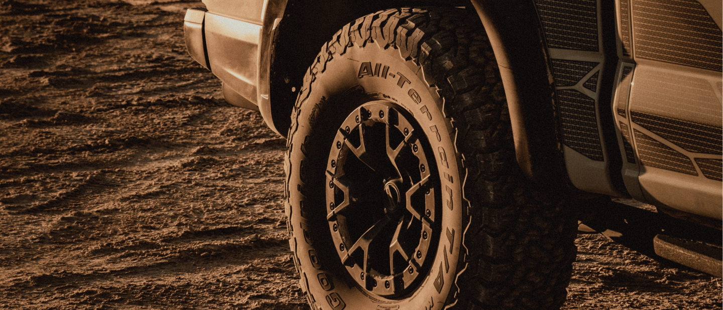 Close-up of the bead-lock wheels with 37 inch all-terrain tires on the 2023 Ford F-150® Raptor® R