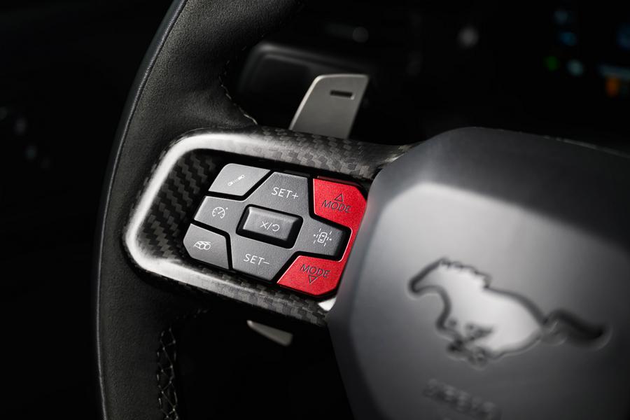 Close up the steering wheel buttons and paddle shifters