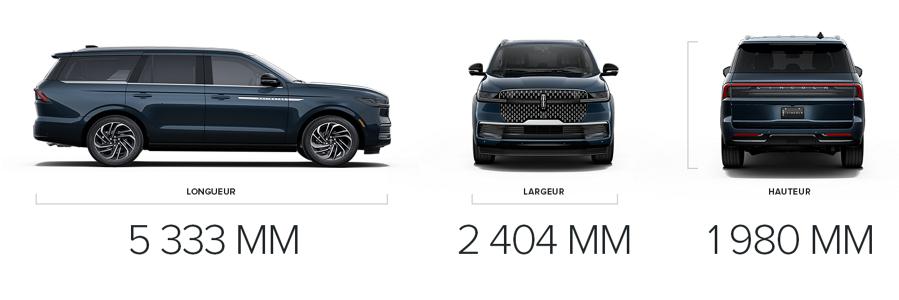 Un Lincoln Navigator Ultra 2025 est illustré avec des dimensions de 5 333  mm de longueur, de 2 404 mm de largeur et de 1 980 mm de hauteur