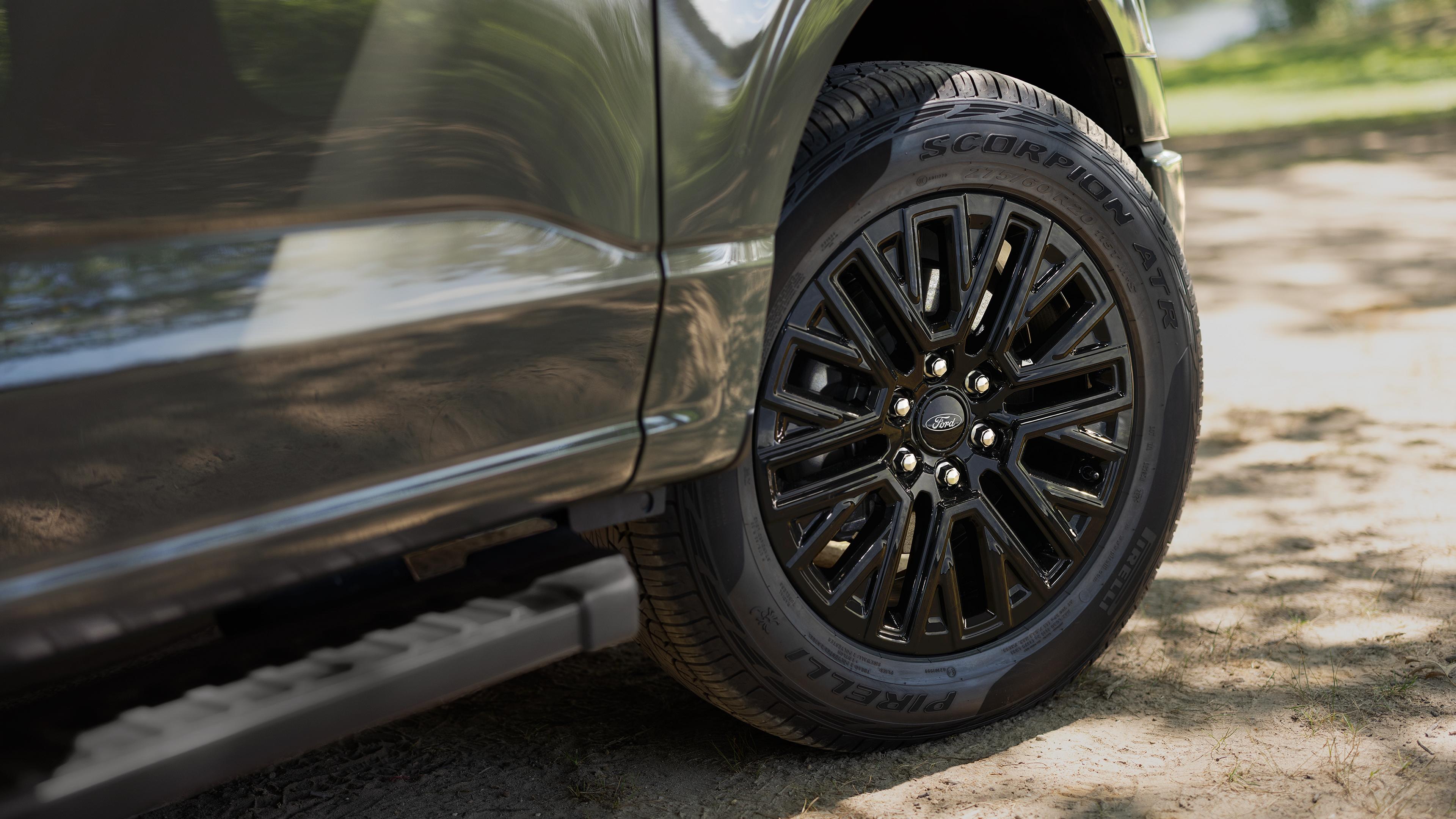 Close-up of the front wheel on a 2027 Ford F-150® XLT model
