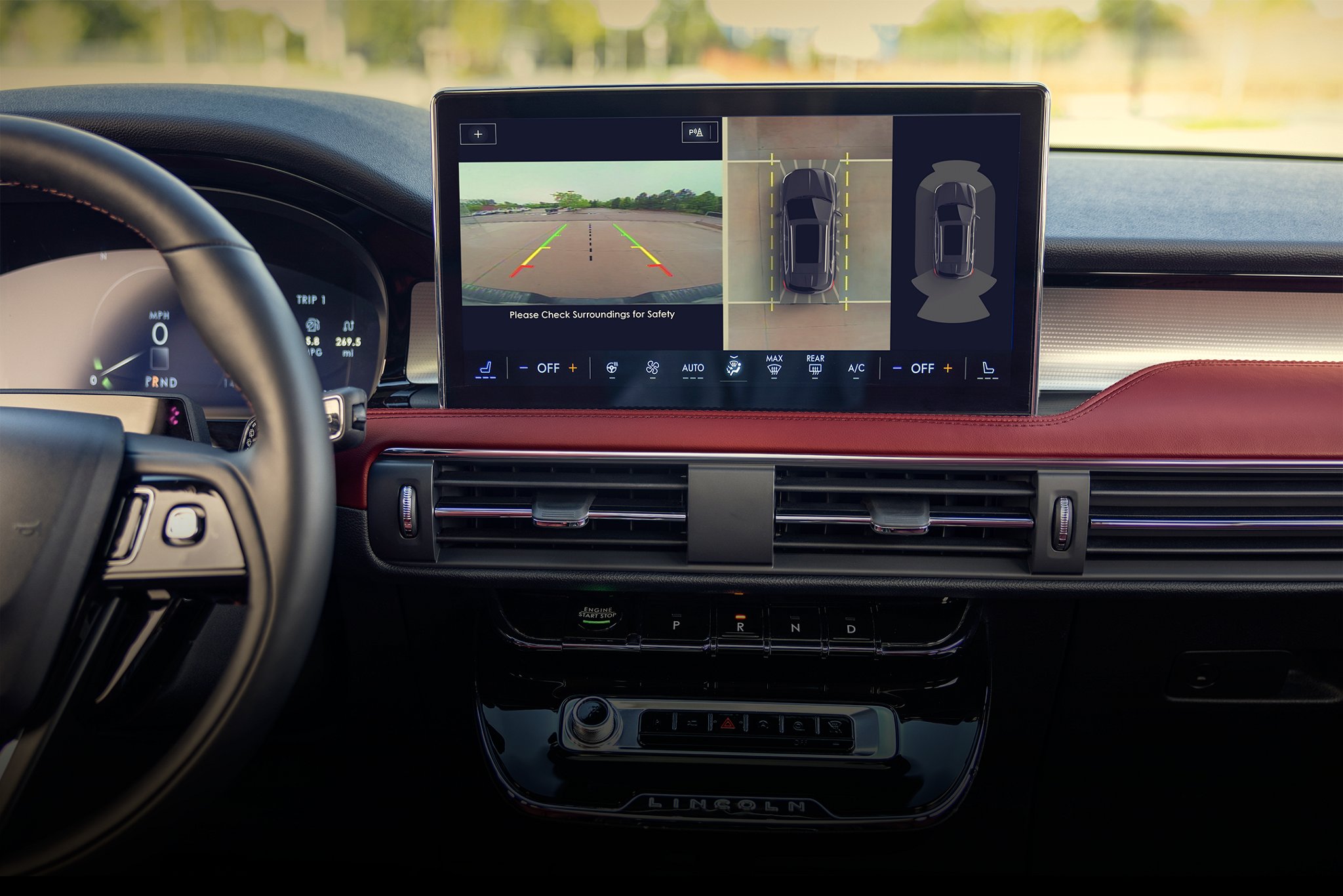 A 360-degree view of what surrounds a 2026 Lincoln Corsair is shown on the centre touchscreen