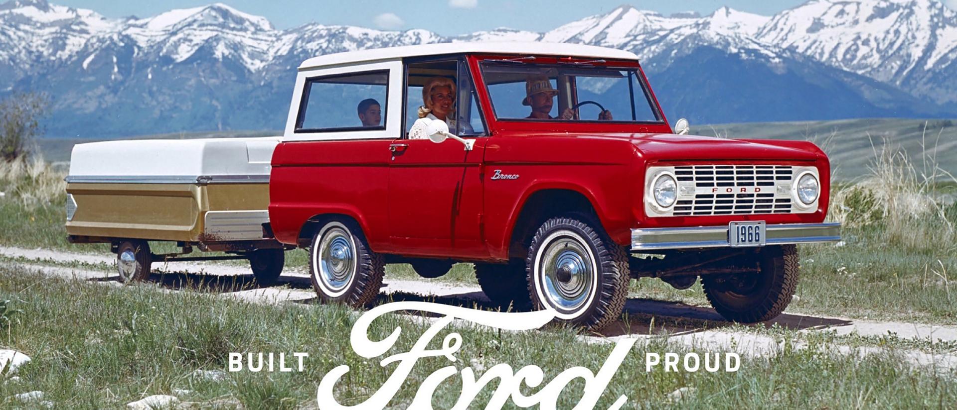 A vintage illustration of a Ford Bronco® model connected to tow a pop-up camper