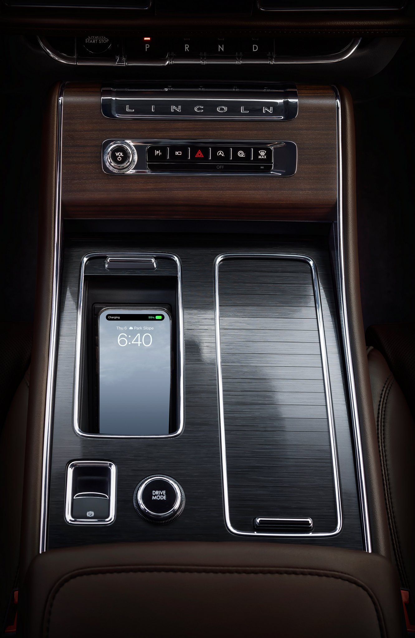 The wireless charging pad shown inside the 2025 Lincoln Aviator.