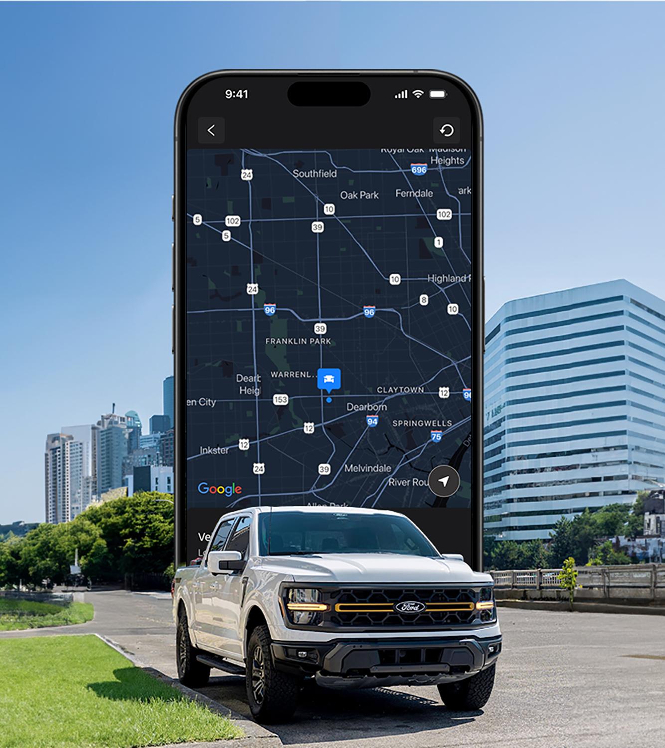 The Ford app screen displays on the horizon behind a 2026 Ford F-150® truck in the city