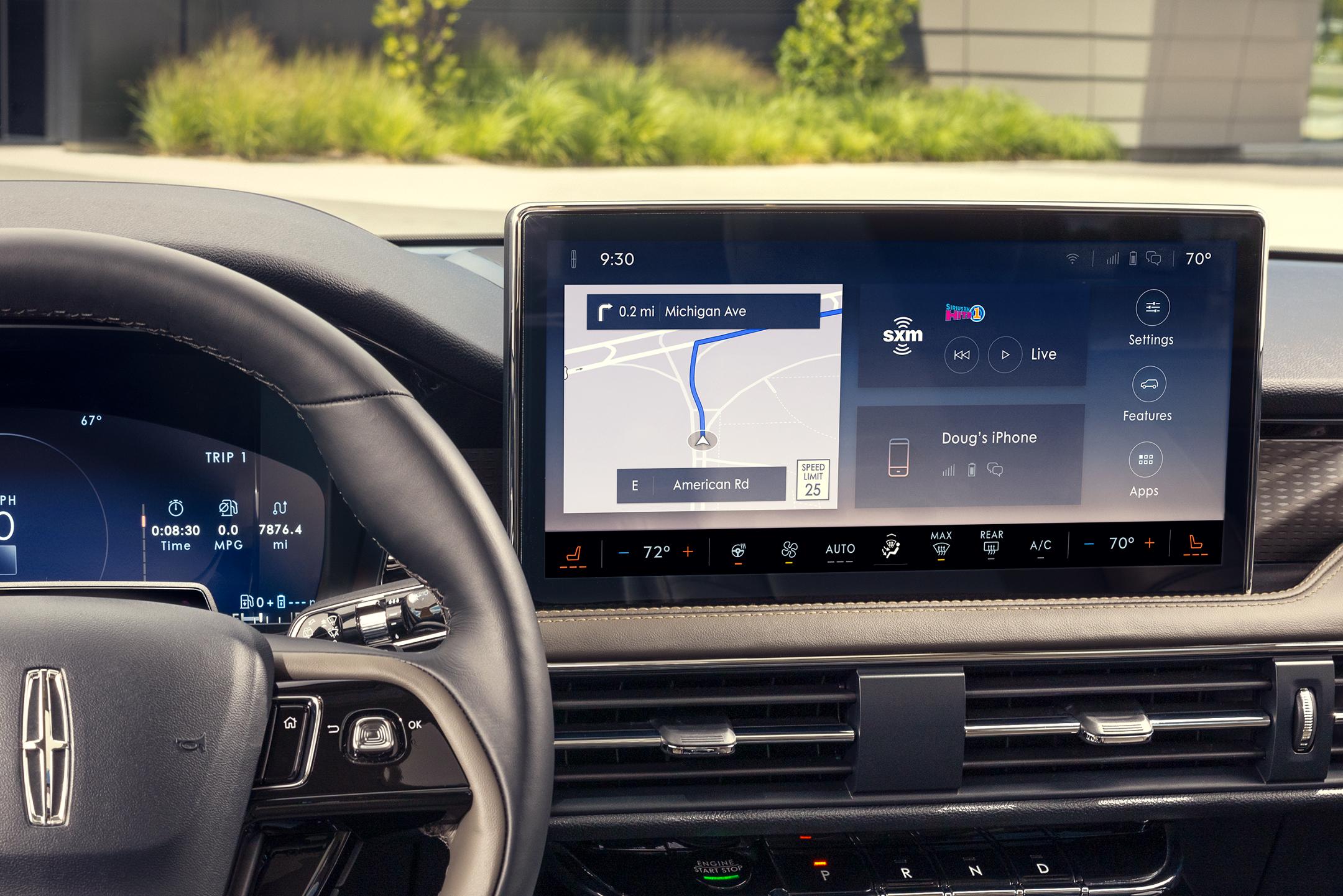 The center-stack display on a Lincoln vehicle is shown here presenting a navigation map.