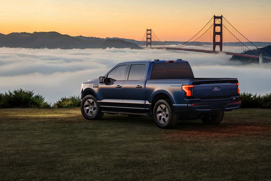 Ford F-150 Lightning electric truck at sunrise