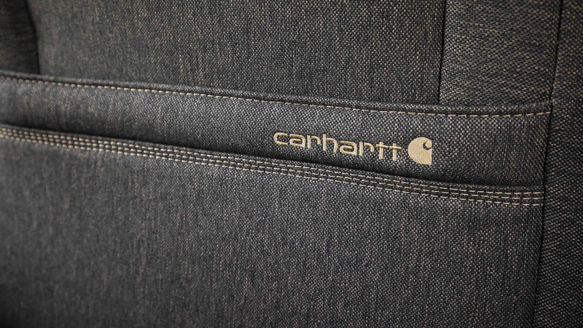 Close-up of the Carhartt® logo on the seat of a 2027 Ford F-150® XLT model with the Carhartt Package