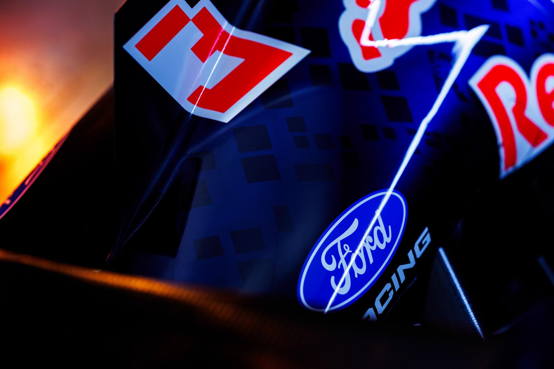 Close-up of the Ford Racing logo on the engine cover of the Red Bull Formula One car