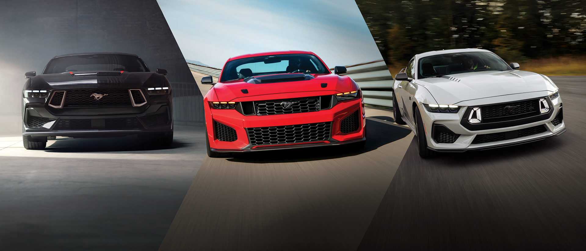 Three 2026 Ford Mustang® fastback models shown with optional equipment