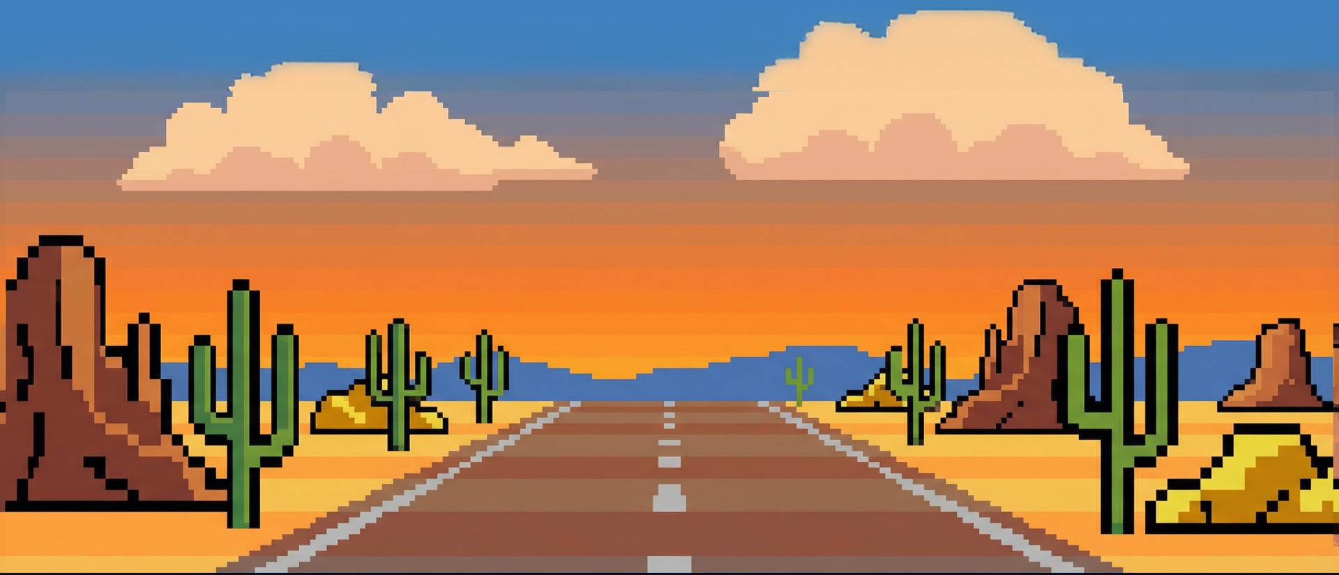 An 8 bit video game representation of a desert highway