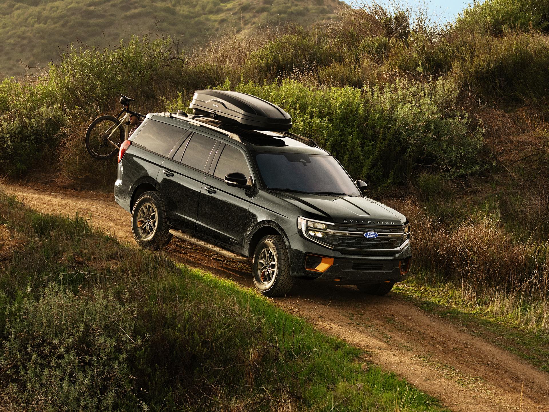 2027 Ford Expedition® Tremor® SUV with an available bike rack and roof rack accessory