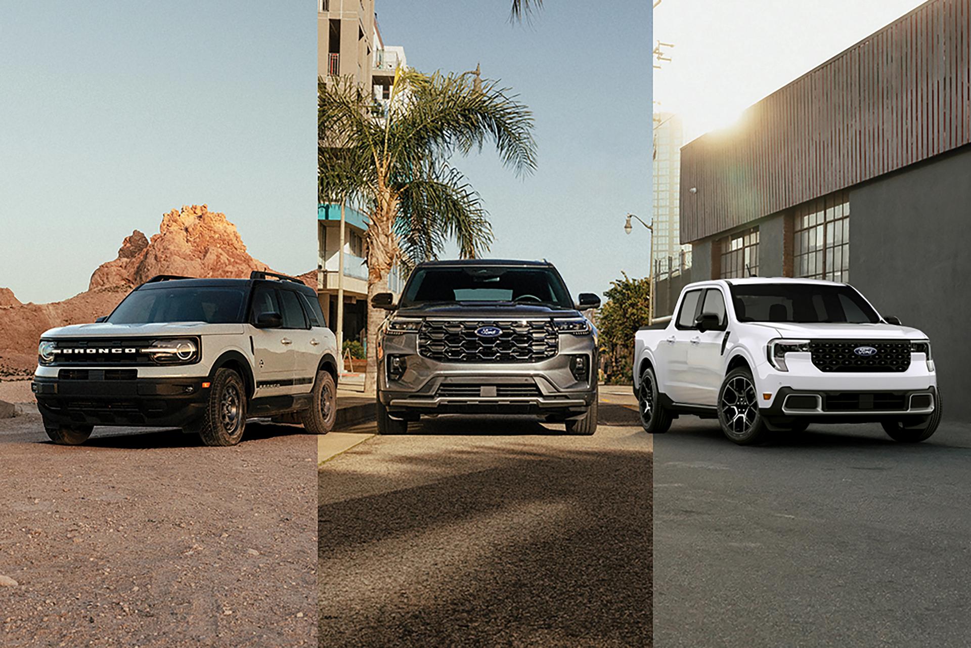 A triptych of a Ford Bronco Sport® SUV, Explorer® SUV, and Maverick® truck