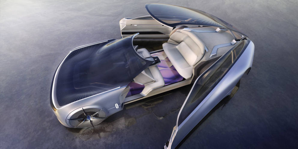 The Lincoln Model L100 concept vehicle is shown here view from above, with the glass roof and reverse-hinged doors open.