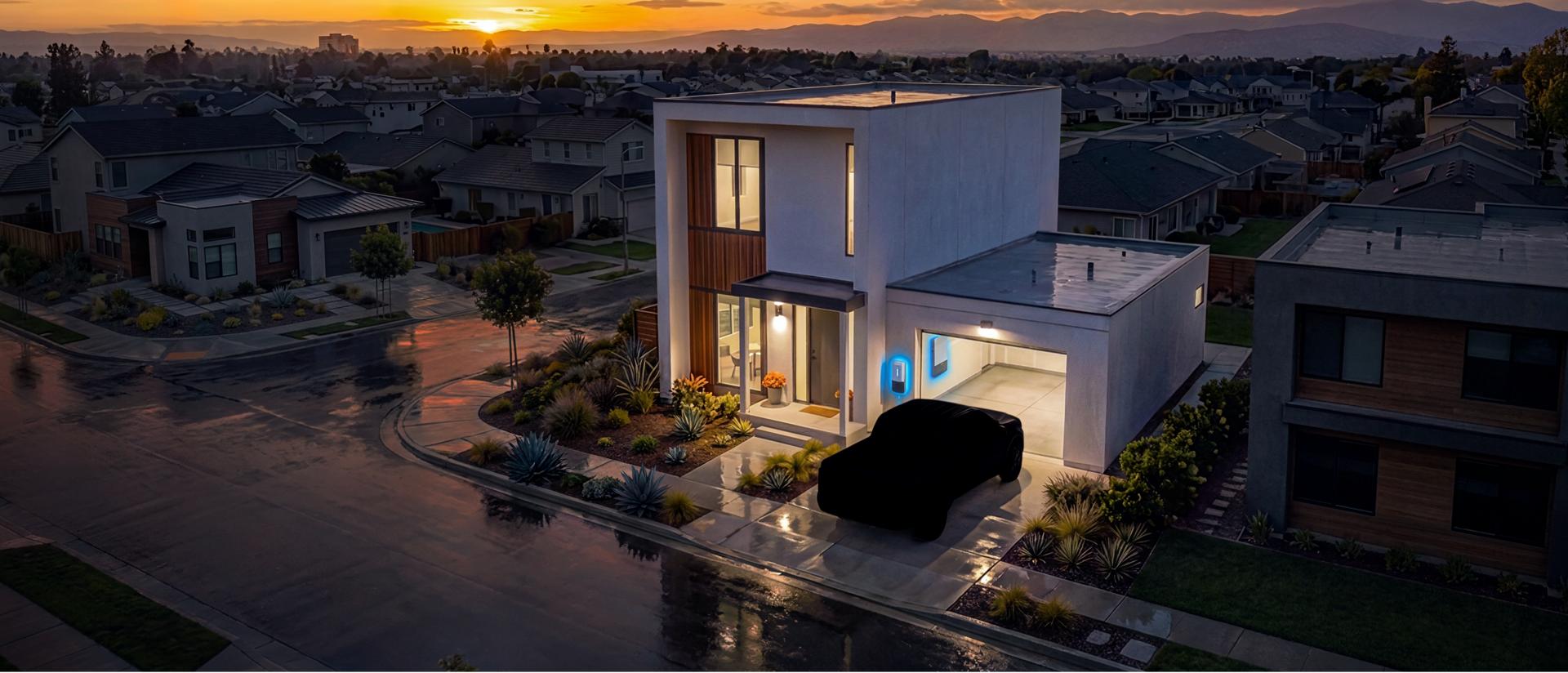 A shadowy silhouette of a truck is plugged into the only lit house in a neighborhood