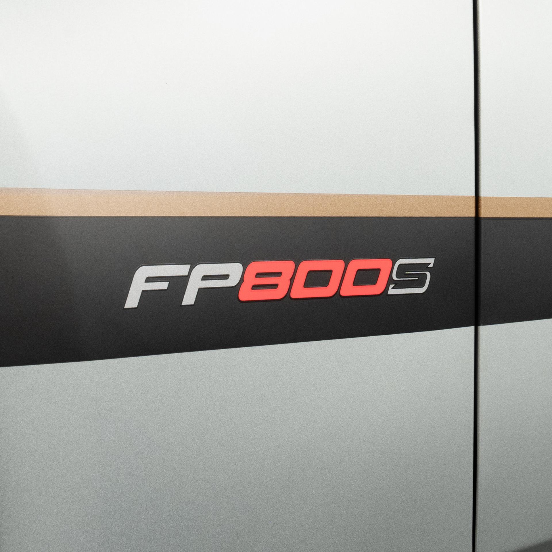 Detail of the bronze FP800S bodyside graphic on the gray Mustang rear quarter panel