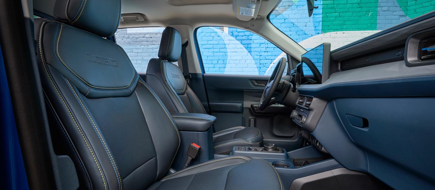 Interior of a 2026 Ford Maverick Lobo™ showing the ActiveX®-leather trimmed seats