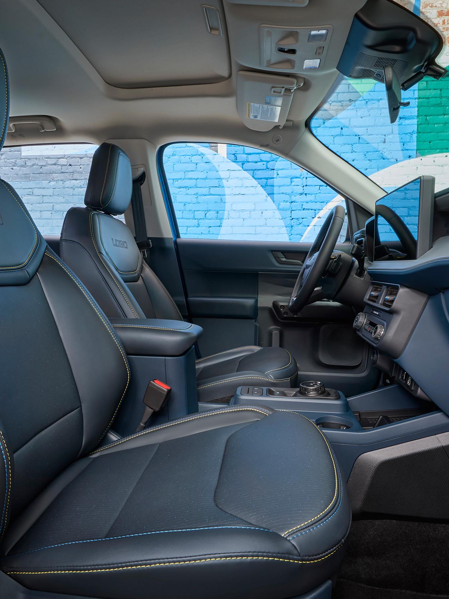 Interior of a 2026 Ford Maverick Lobo™ showing the ActiveX®-leather trimmed seats