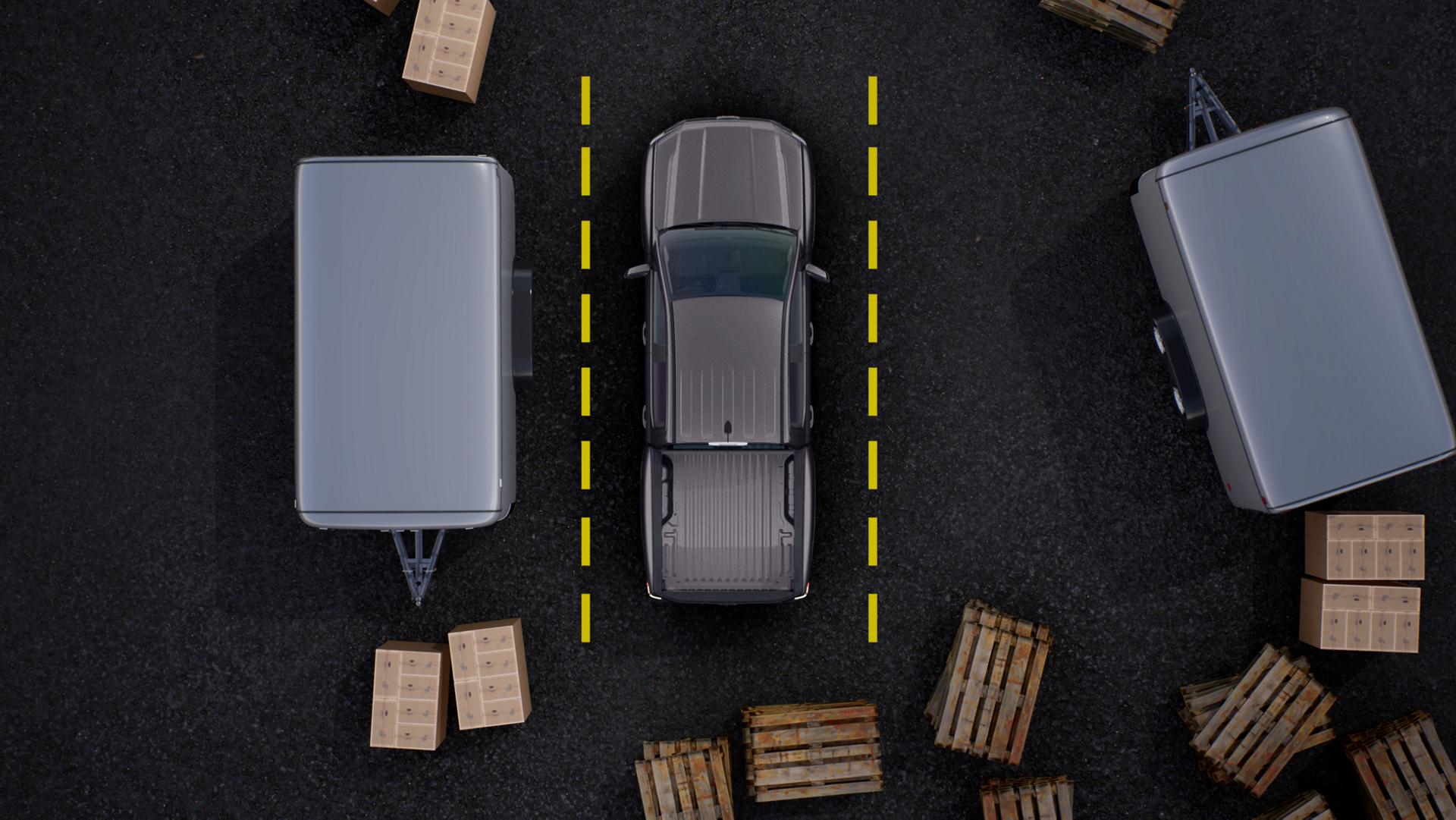 Overhead view of a 2025 Ford Ranger® surrounded by crates with yellow guidelines