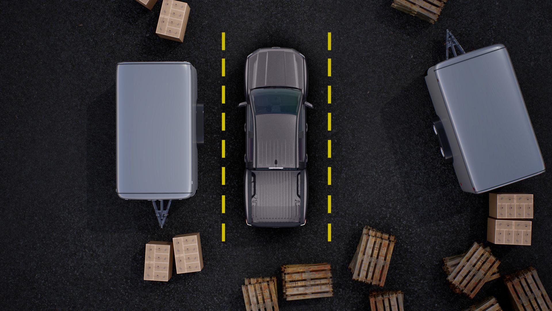 Overhead view of a 2025 Ford Ranger® surrounded by crates with yellow guidelines