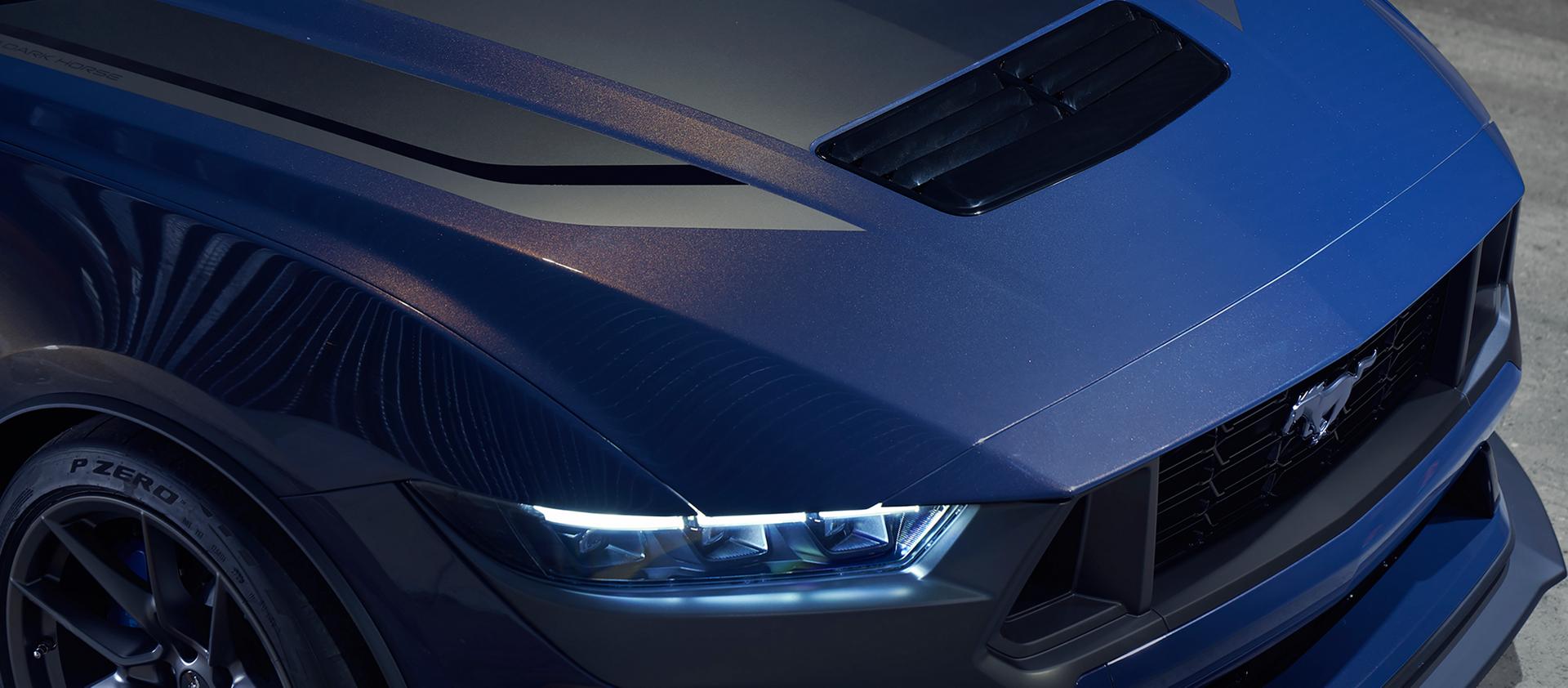 2026 Ford Mustang Dark Horse® headlamps and coupe hood in available Blue Ember Metallic