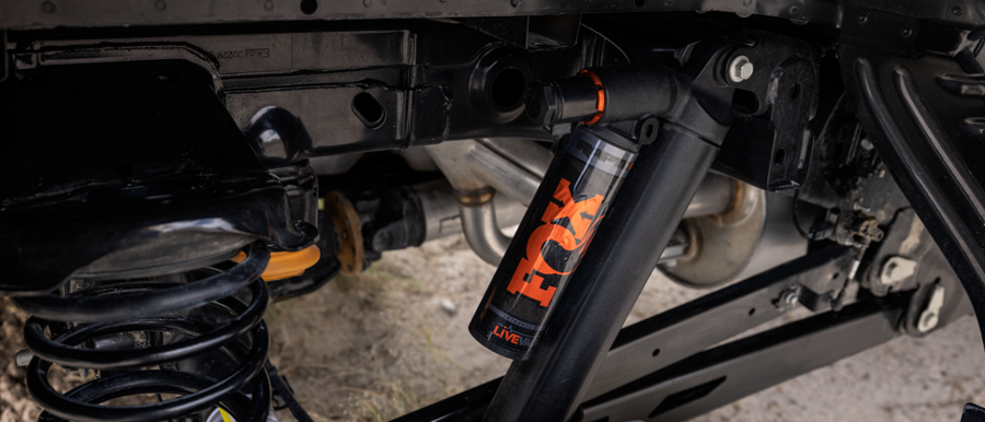 Close-up of the suspension and FOX™ shocks on the 2023 Ford F-150® Raptor® R