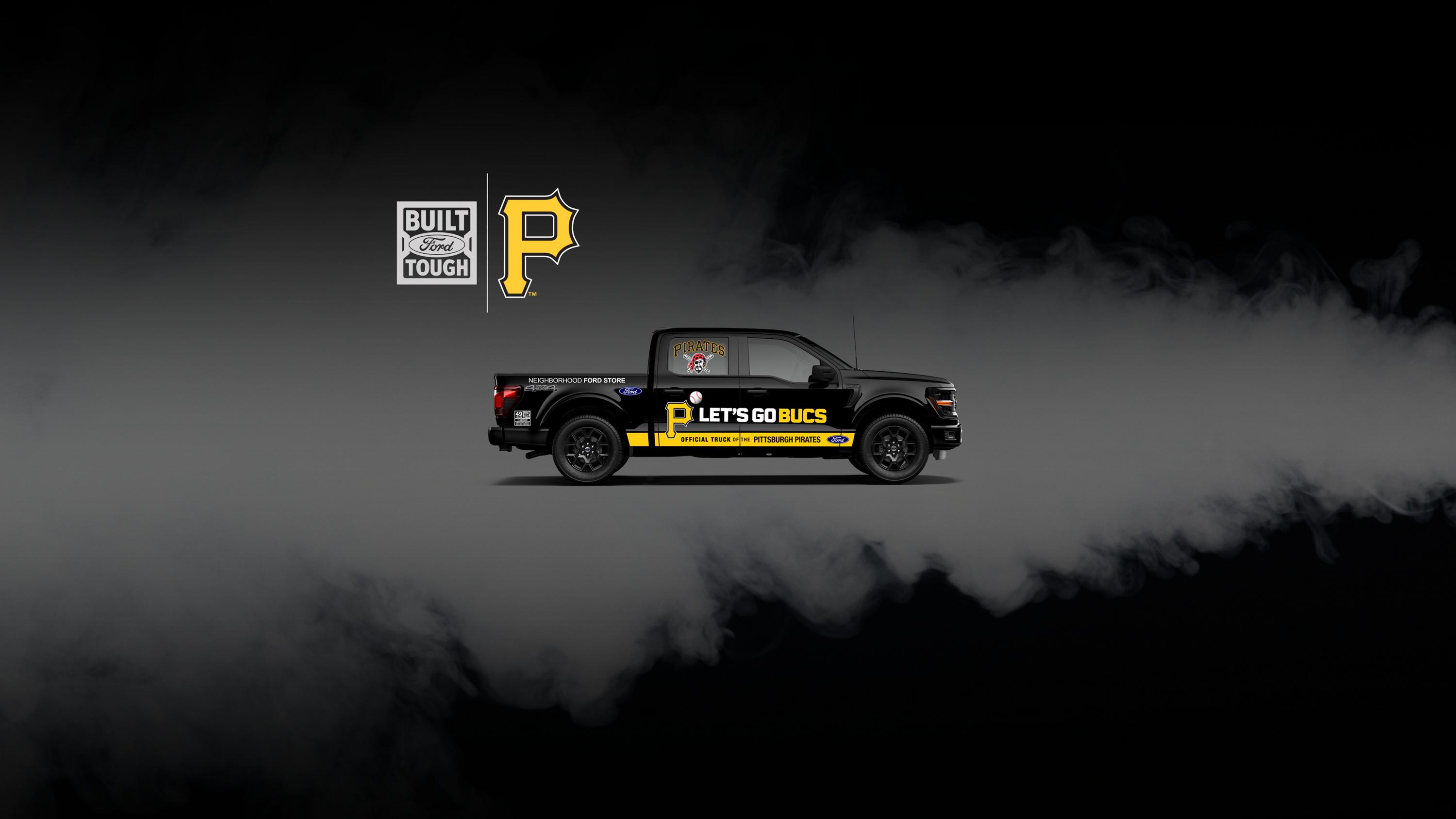 A Ford F-150 STX wrapped with Pittsburgh Pirates Branding and Neighborhood Ford Store branding.