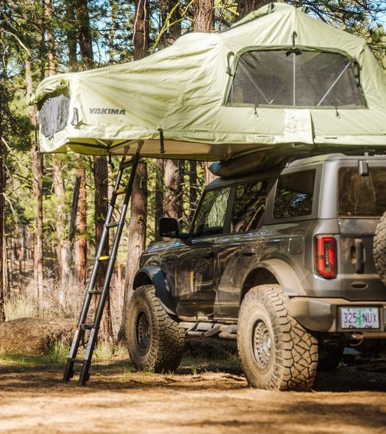 Ford Bronco Sport® SUV in a forest with a two-person rooftop tent and ladder