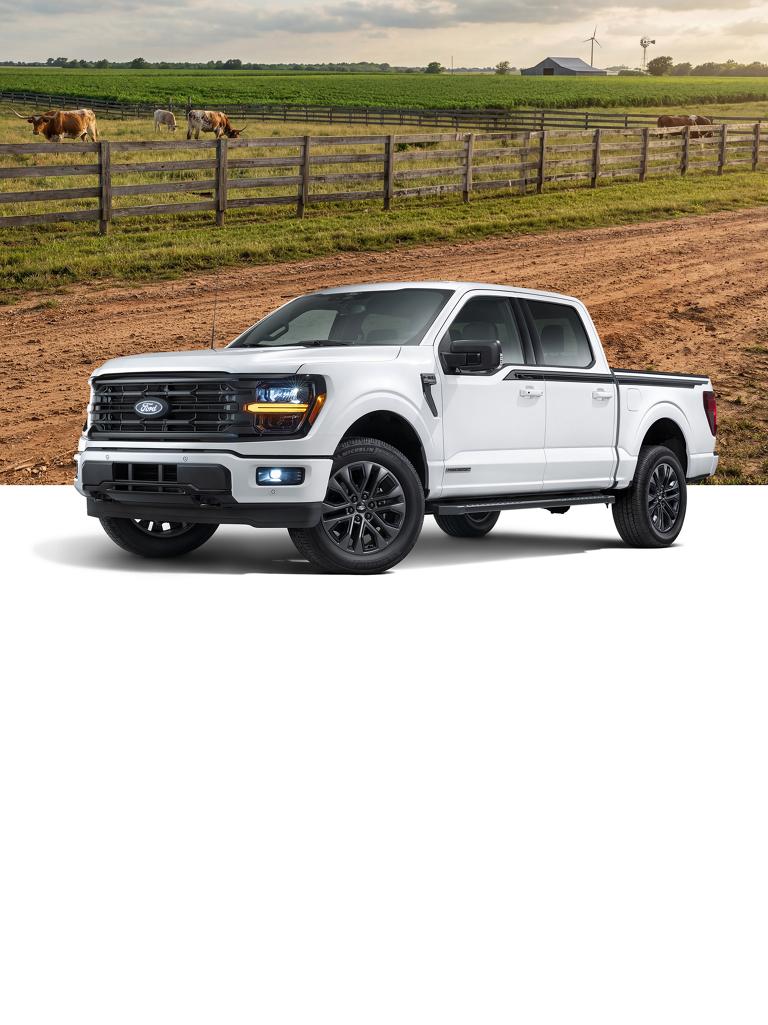 A white Ford F-150® truck with the Texas Package shown in a three-quarter front view, with a rural farm background