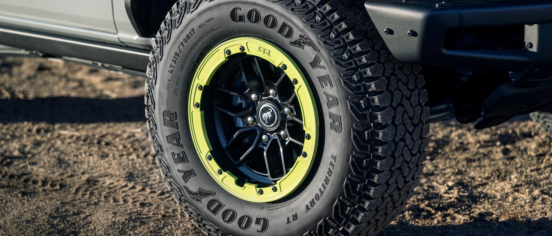 A close-up of the front wheel of a 2027 Ford Bronco® RTR model