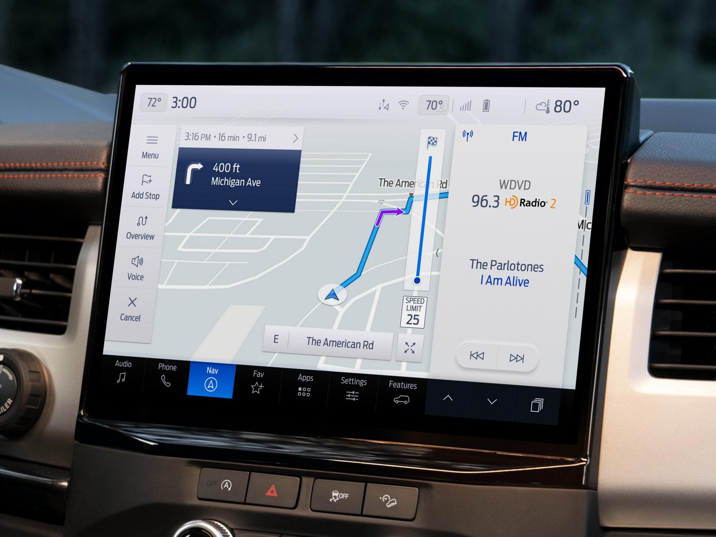 The SYNC touchscreen of a 2023 Ford Expedition showing a map with a navigation route.
