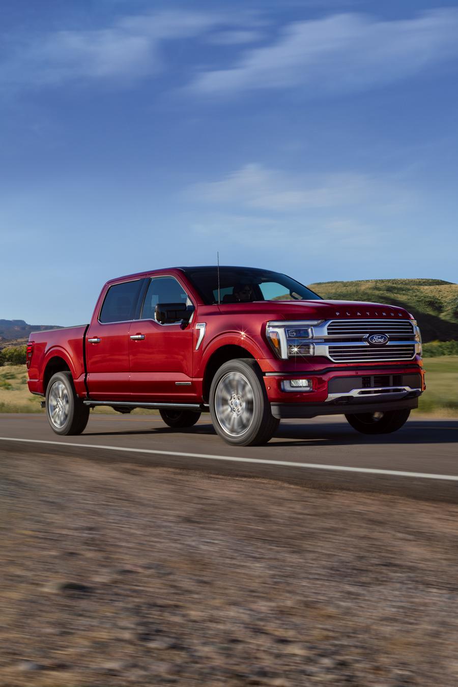 A 2025 Ford F-150® Platinum® Plus truck driving on the open road
