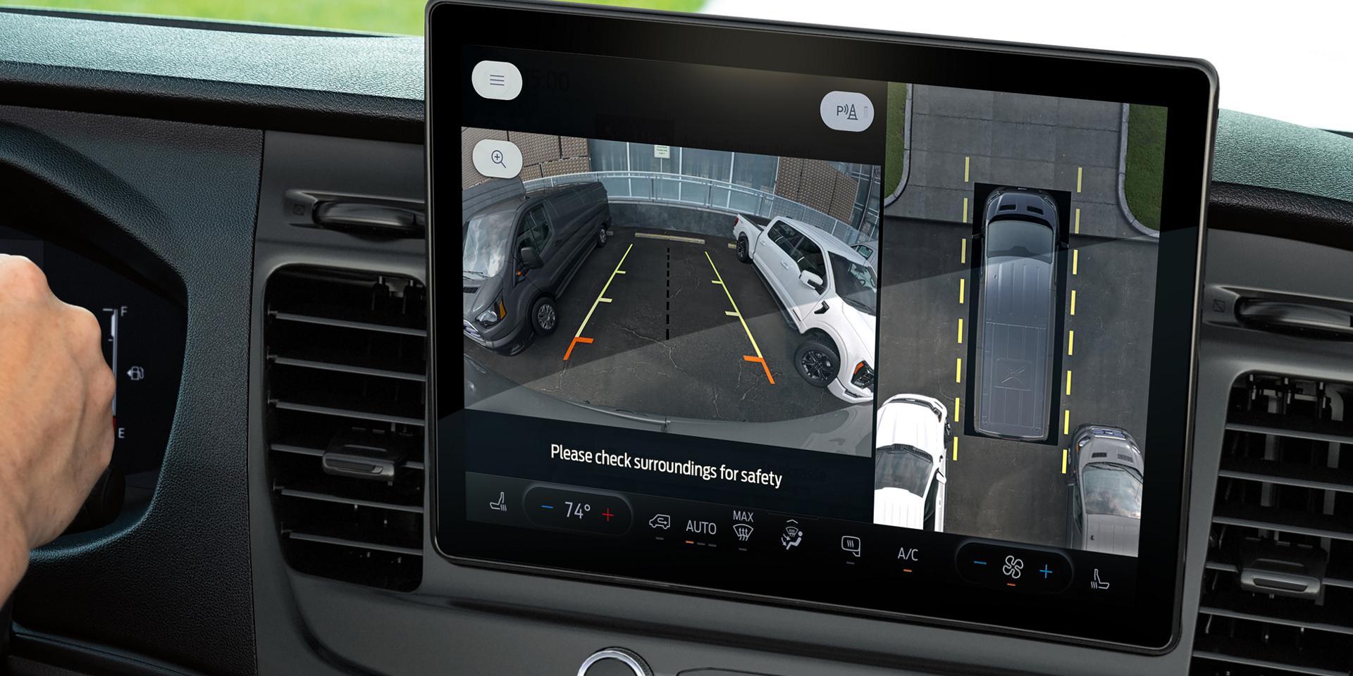 A close-up of the driver's assist screen