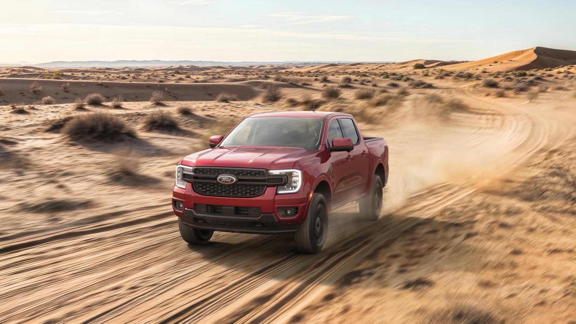 2026 Ford Ranger® Lariat® model with the Black Appearance Package being driven in a desert