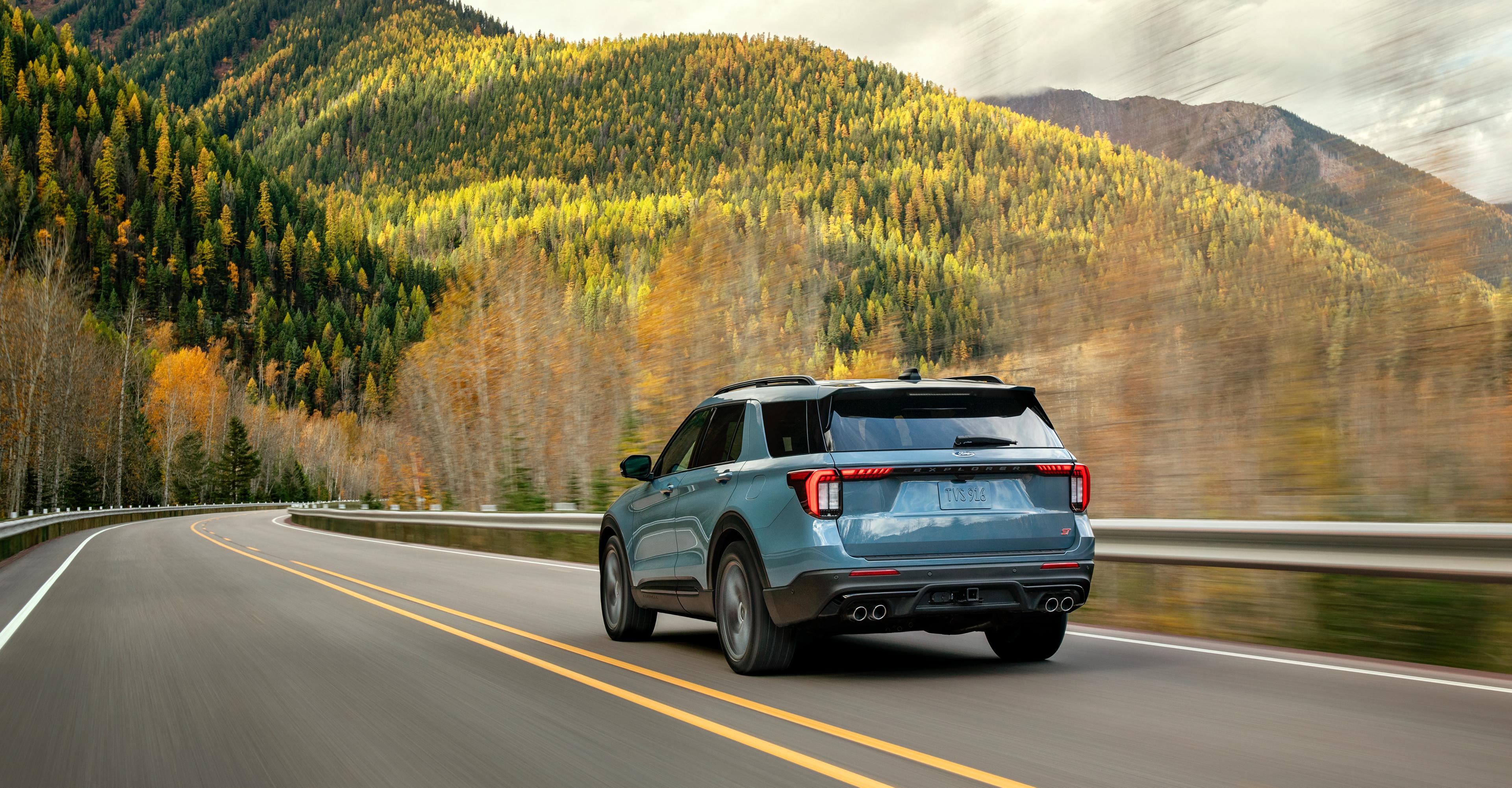 A 2026 Ford Explorer® SUV driving on a mountain highway