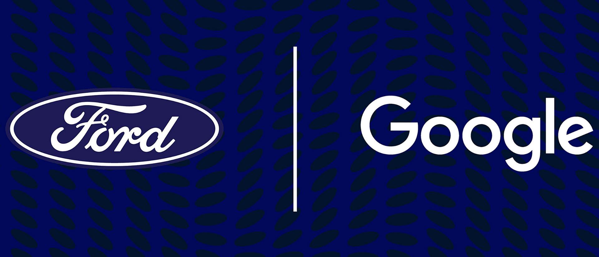 Ford and Google logos next to each other, over a blue background