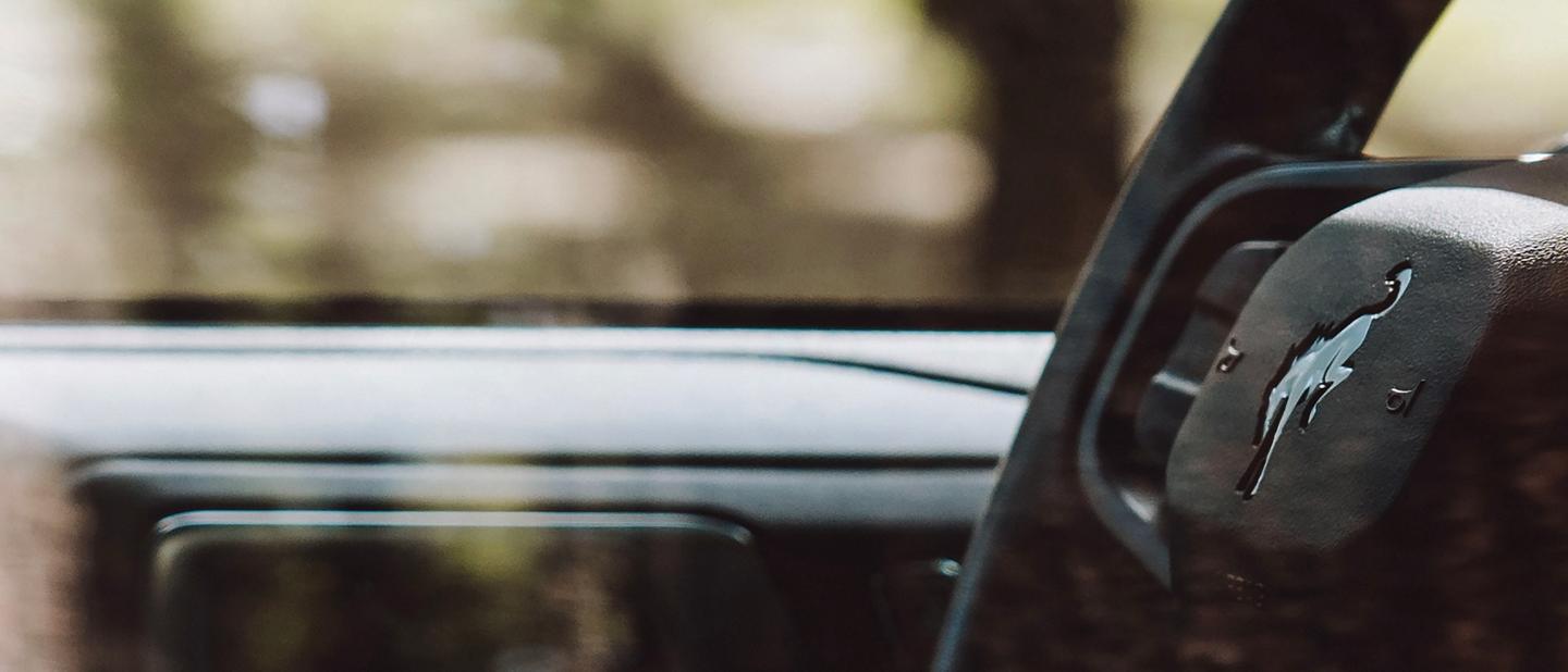 A close-up of the Bucking Bronco logo on the steering wheel of a 2026 Ford Bronco® SUV