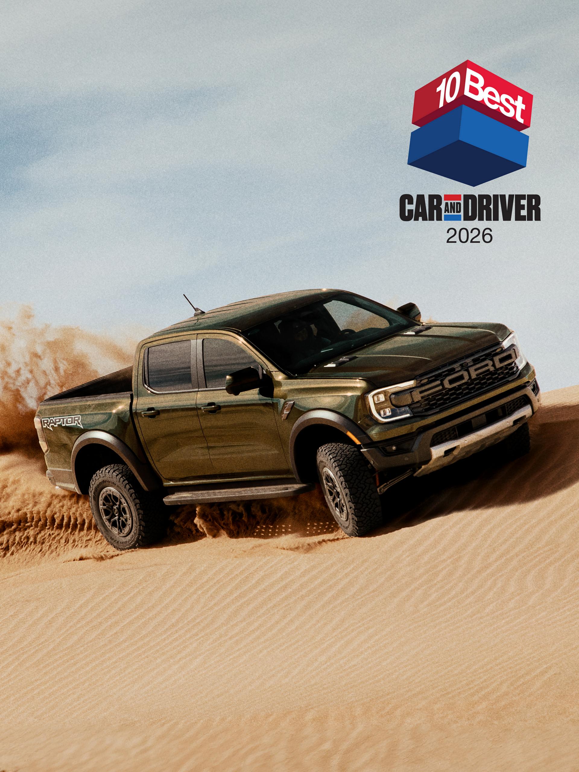 2026 Ford Ranger® Raptor® model driving through a desert. Car and Driver 10Best 2026 logo in the upper right corner