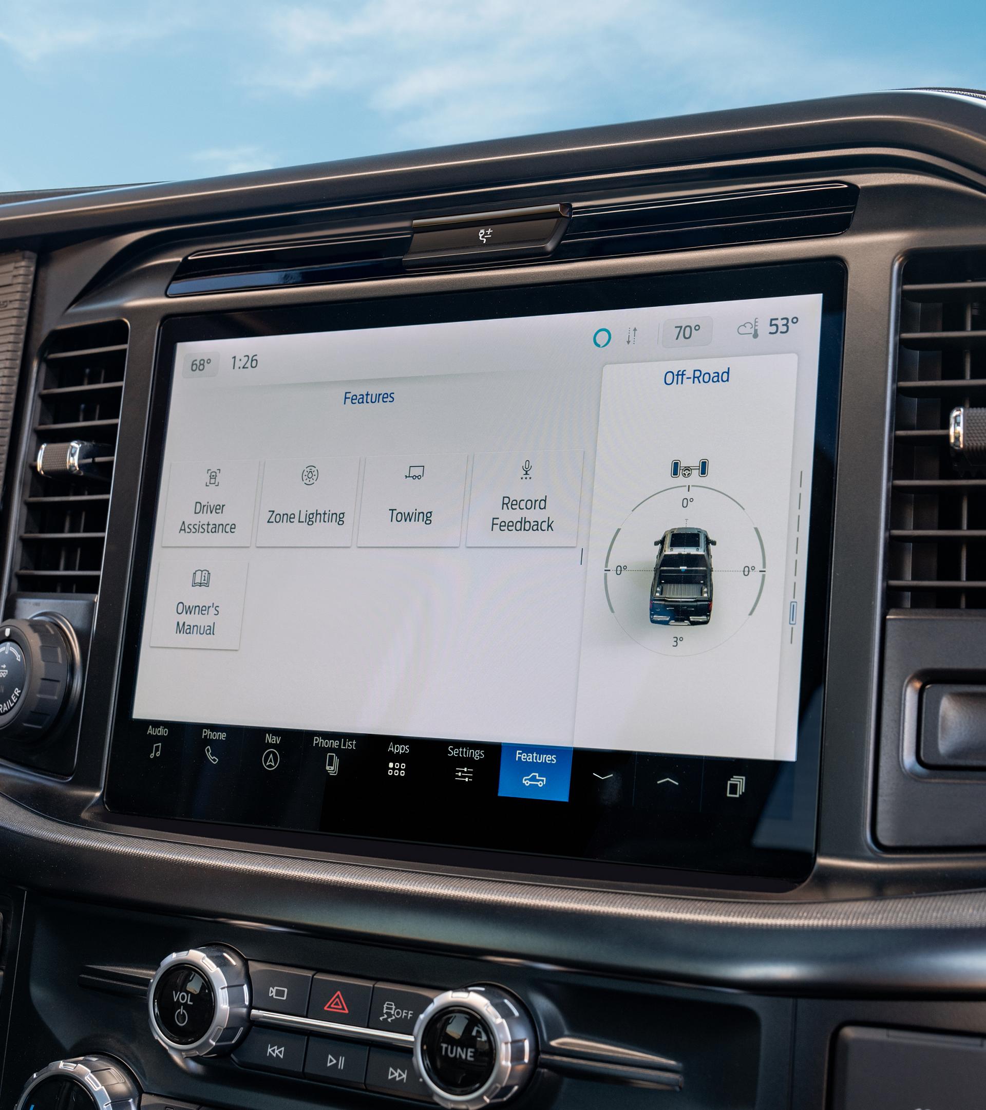 Close-up of the 12-inch center display of a 2027 Ford F-150® pickup