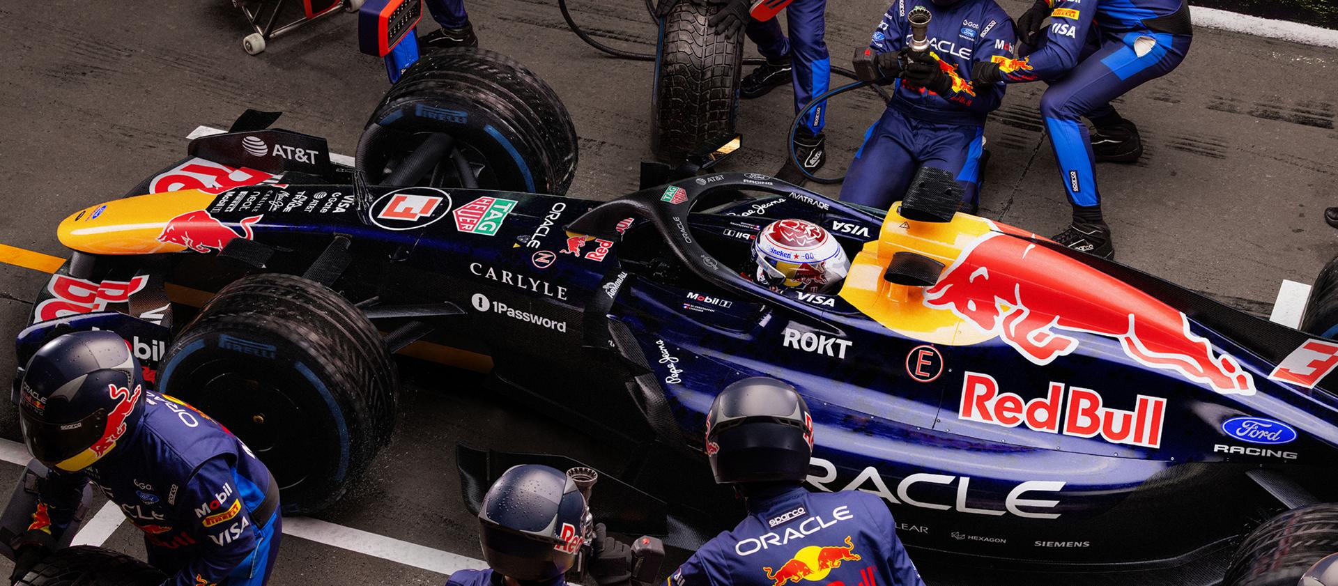 Red Bull Formula One car coming in for a pit stop